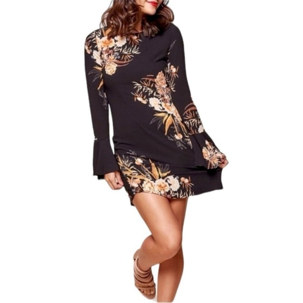 Selfie Leslie Black Floral Lined Crepe Bell Sleeve Mini Dress Large